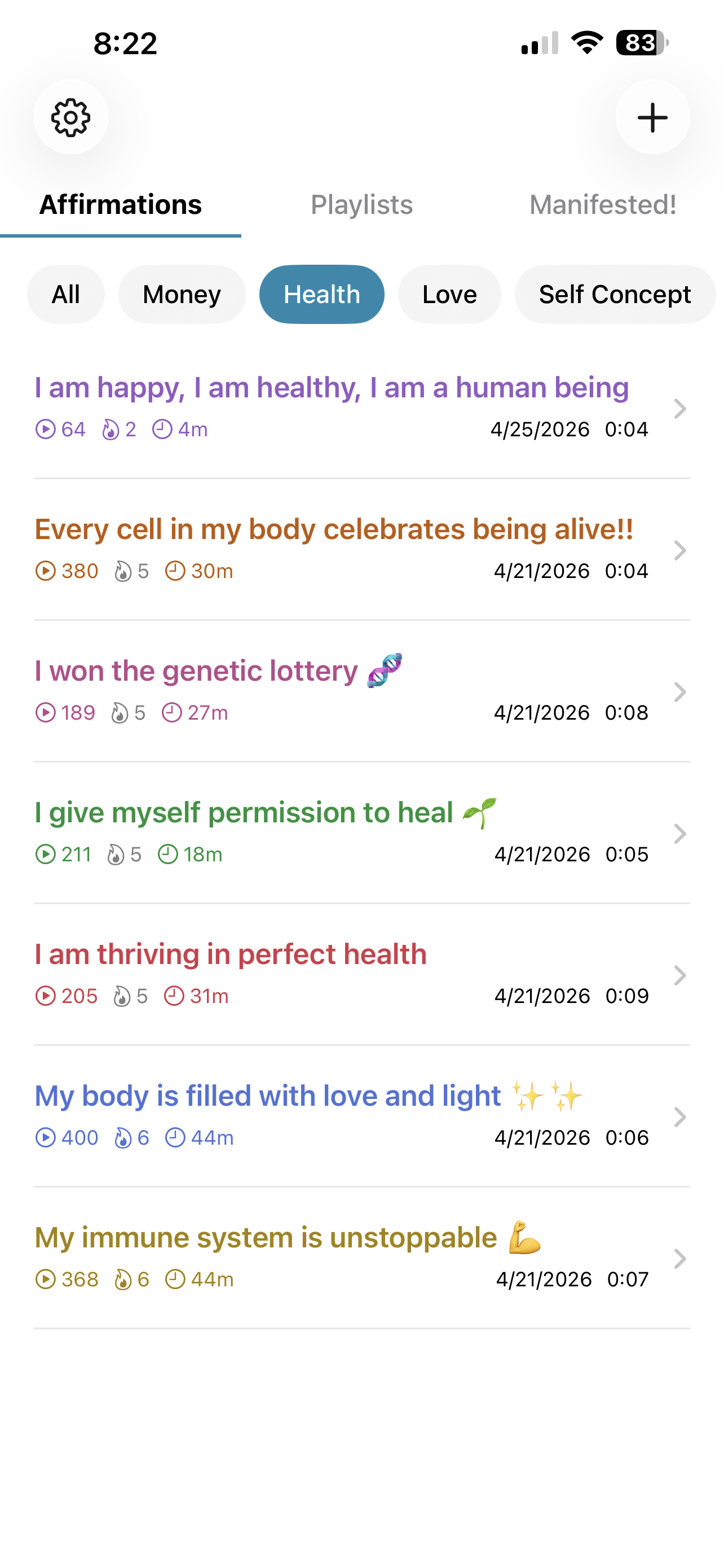 Affirmation list with streak indicators