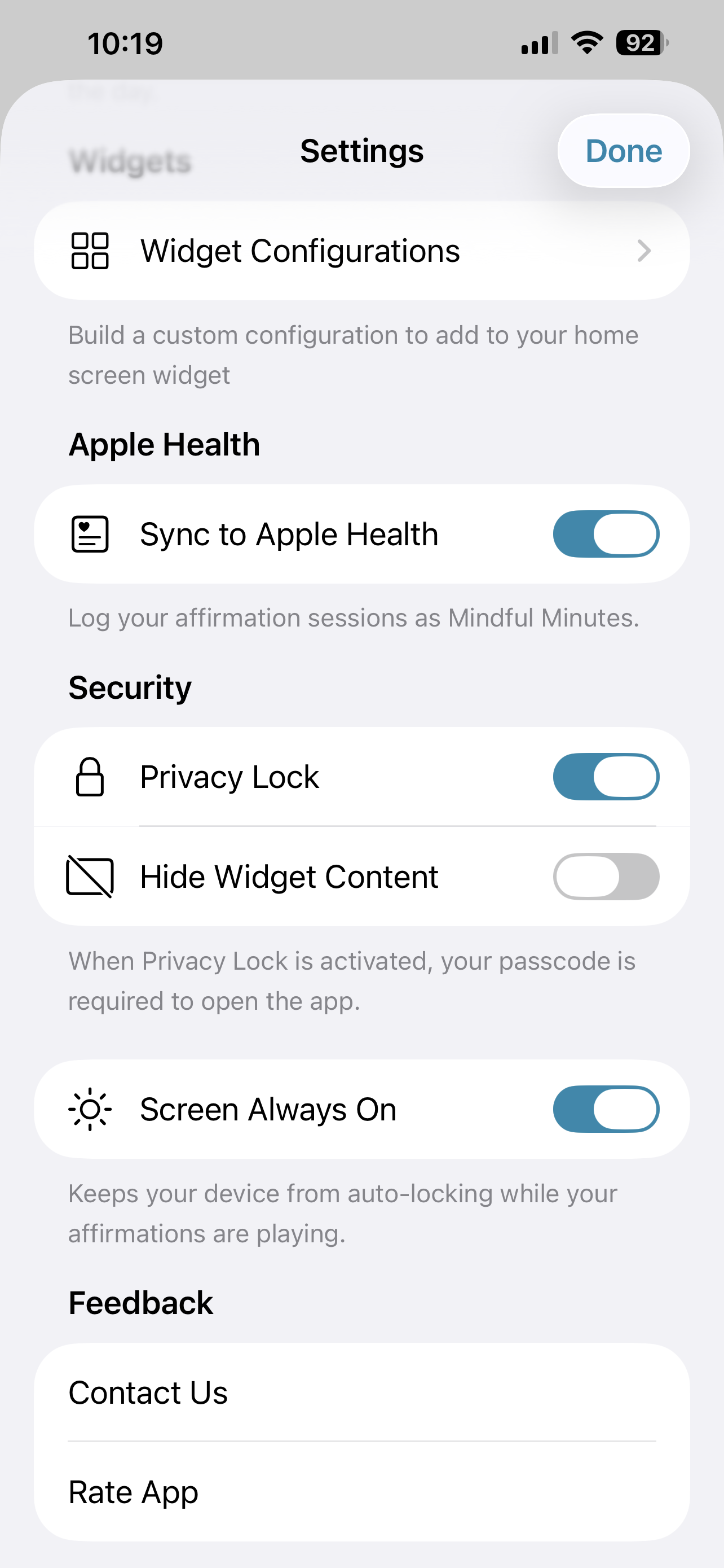 Main settings — Health, privacy, contact