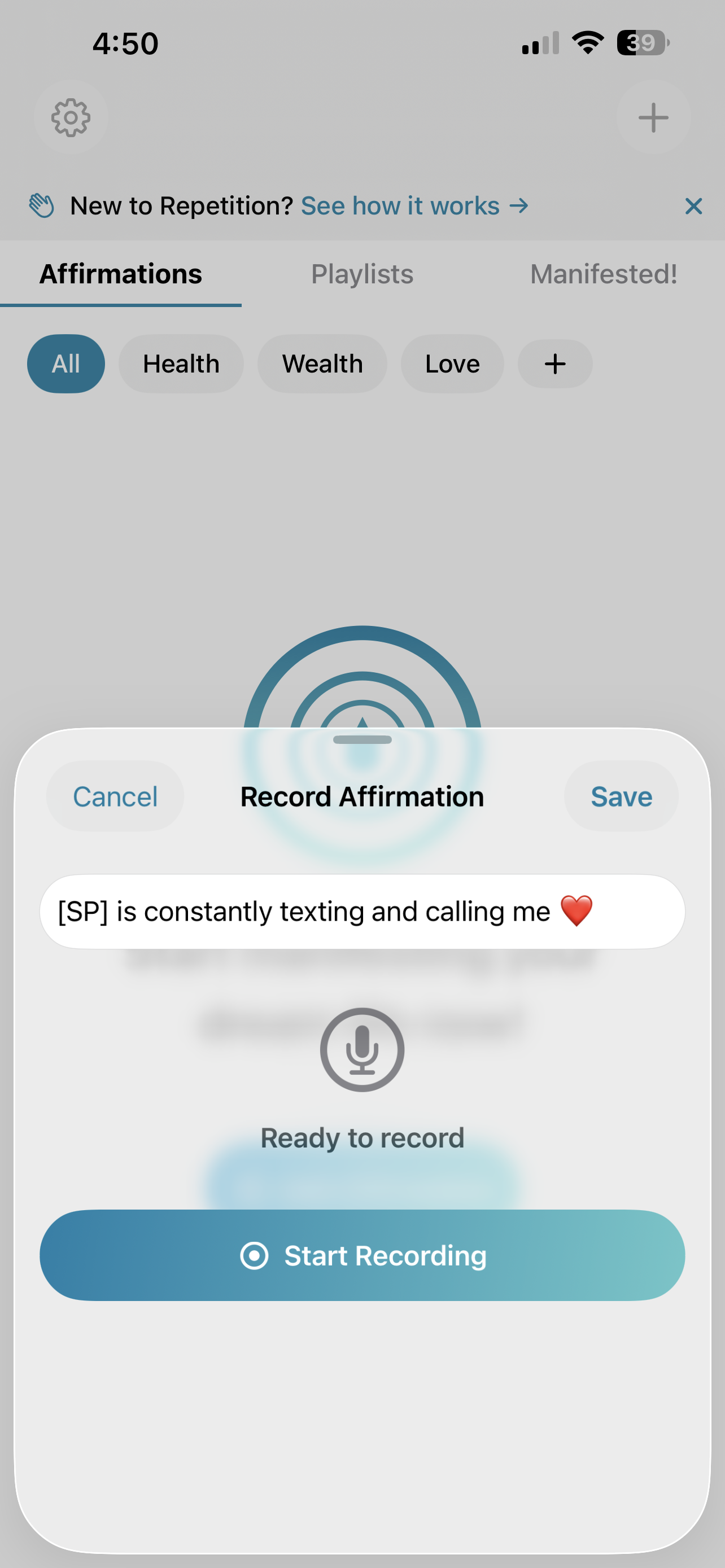 Recording a new affirmation in Repetition
