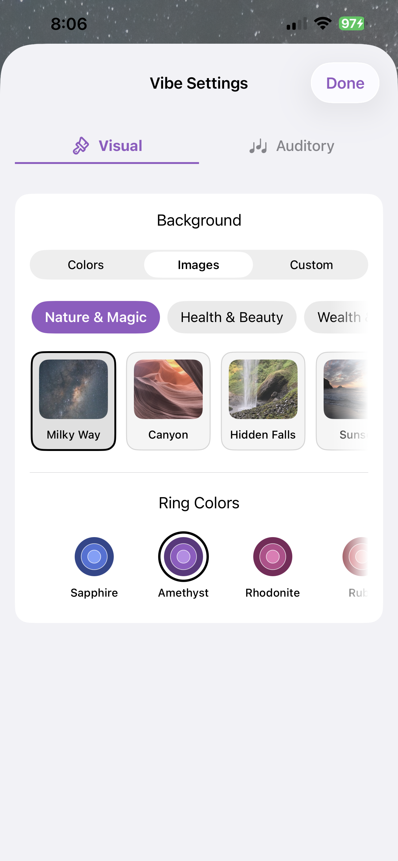 Vibe Settings — choose music, images, and ring colors